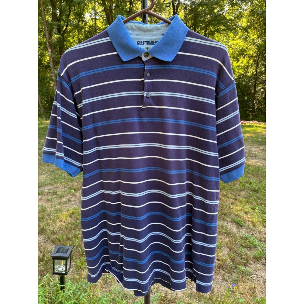 Vintage Gulf Traders Classic Polo Shirt Mens M Blue Striped 100% Cotton Golf Y2K - Picture 1 of 9